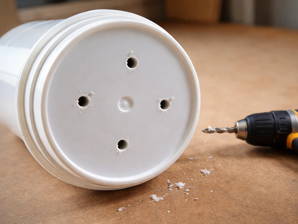 Close-up of a 5-gallon bucket bottom with 4–6 drilled drainage holes and a bucket drill tool nearby.
