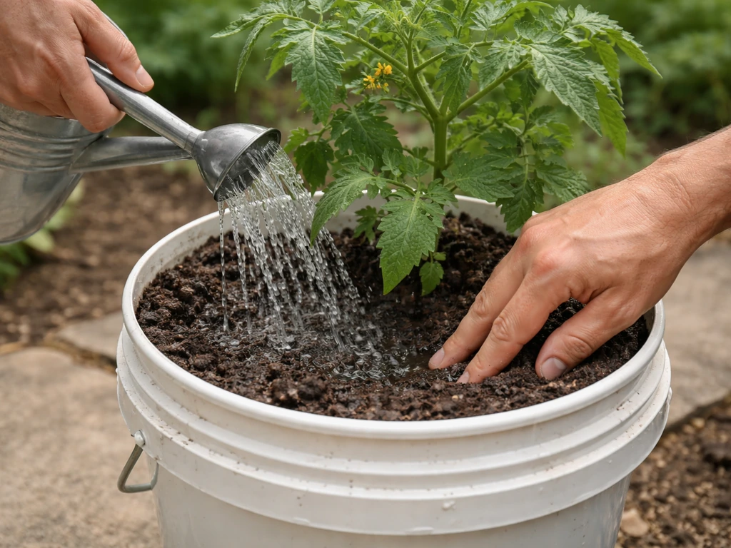 Hands watering a tomato plant in a 5-gallon bucket until runoff, fingers checking soil depth.