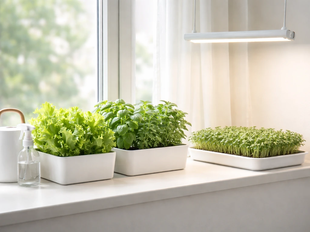 Bright windowsill with lettuce, herbs, and microgreens thriving in small planters, healthy green leaves.