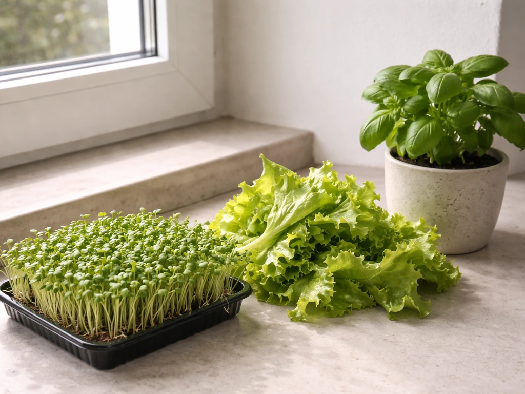 Close-up of a windowsill harvest with basil, loose-leaf lettuce, and a microgreens tray on a clean countertop