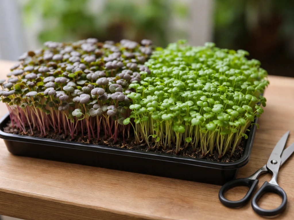 Harvest-ready radish and mustard microgreens in a tray with scissors nearby on a wooden table.