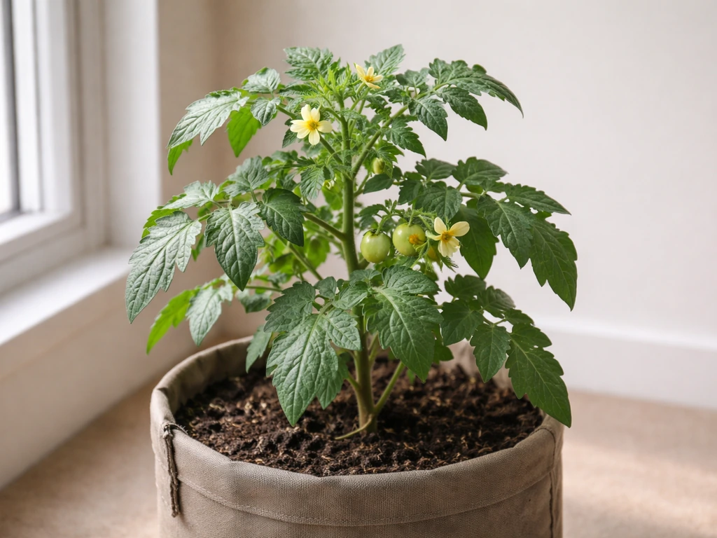 Indoor tomato plant in a grow bag by a sunny window with flowers and tiny green fruit.