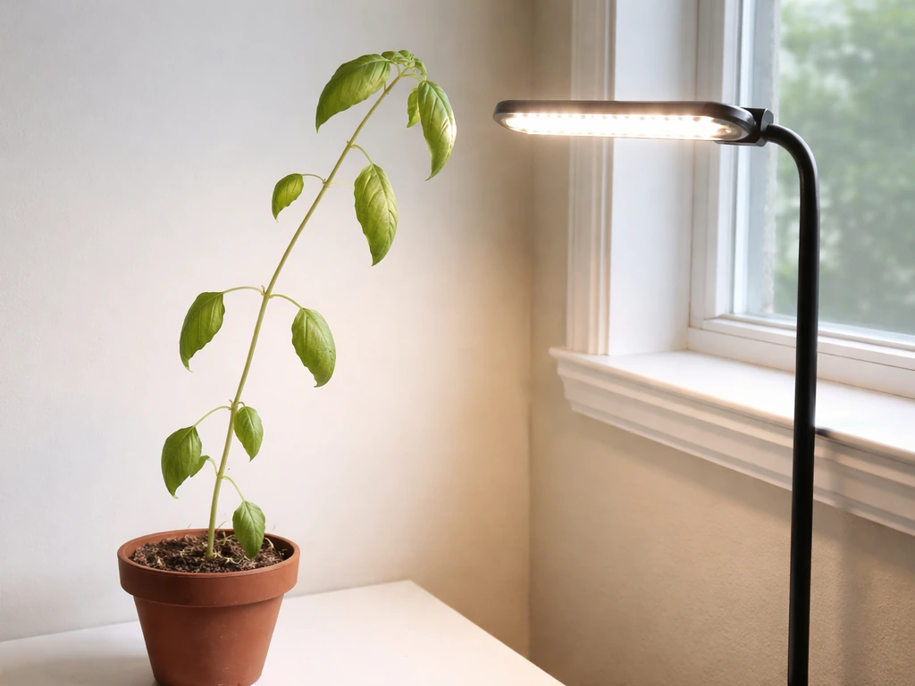 Leggy tall-thin potted lettuce or herb leaning toward a nearby grow light on a windowsill.