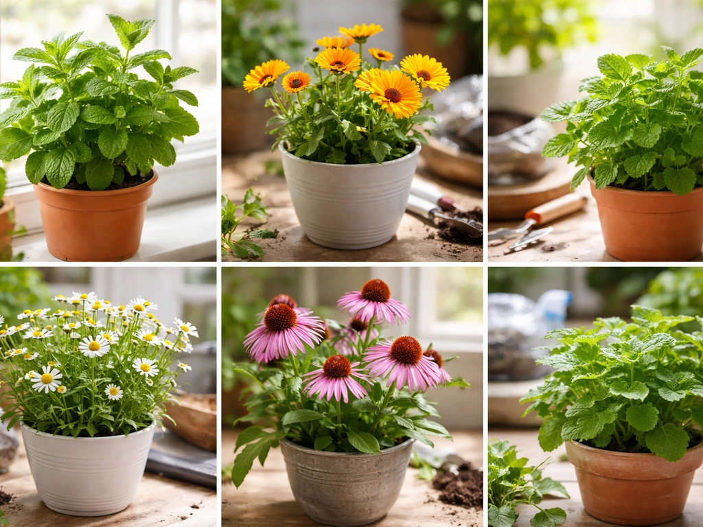 Collage-style photo of potted medicinal plants—peppermint, calendula, chamomile, echinacea, and lemon balm.
