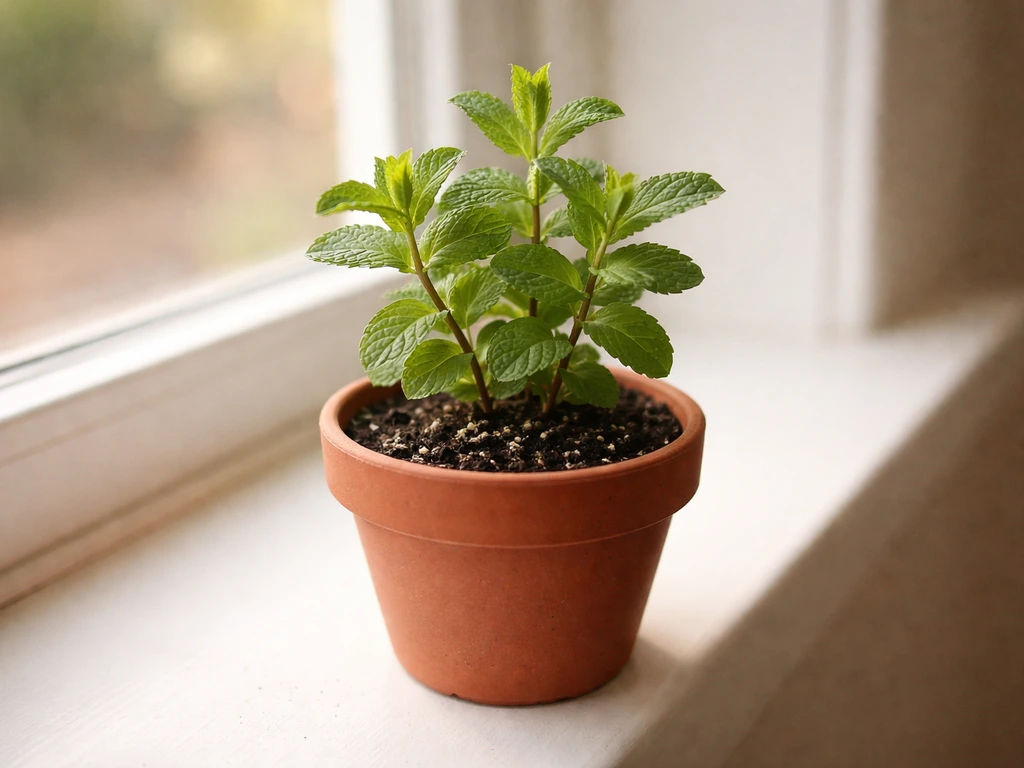 Fresh peppermint leaves thriving in a small indoor pot by a window