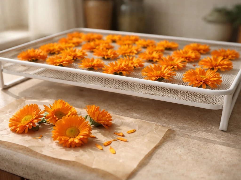 Fresh calendula blossoms beside simple drying trays in a sunlit kitchen setup
