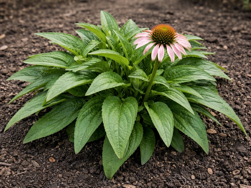 Established echinacea coneflower in an outdoor garden bed with healthy roots and leaves and a blooming flower head