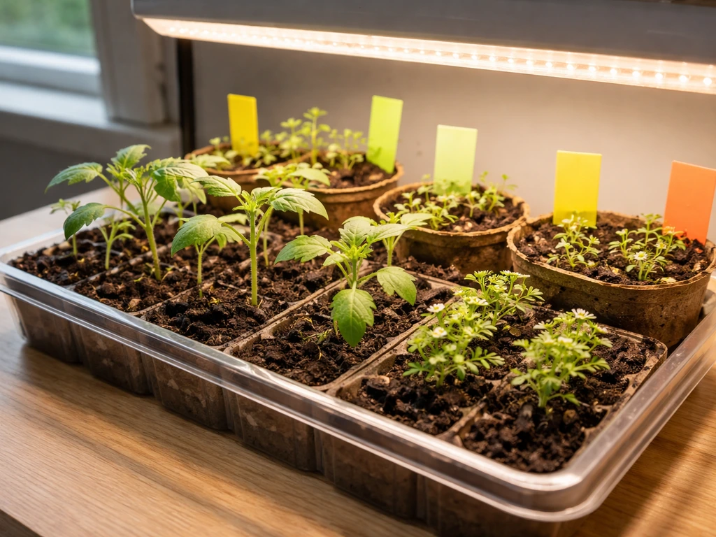Seedlings in a tray under a grow light on a wood table, with blank plant tags and no readable text.