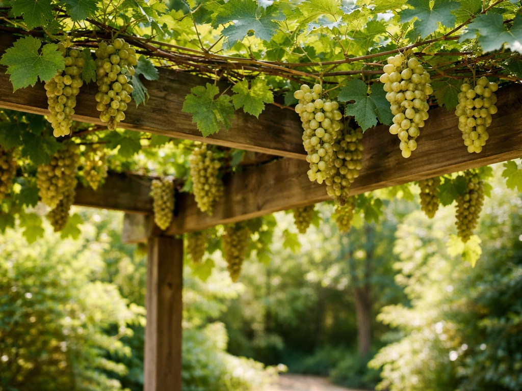 Pergola covered with a fruiting grapevine, showing grape clusters and dappled sunlight through leaves.