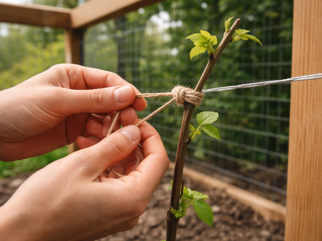 Hands tying a twining vine cane to a pergola wire with soft twine