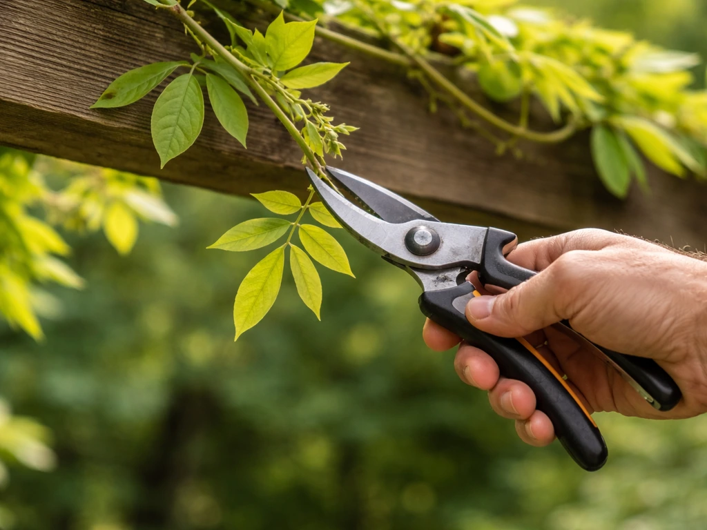 Pruning shears cutting back new wisteria shoots on a pergola framework to several leaf nodes.