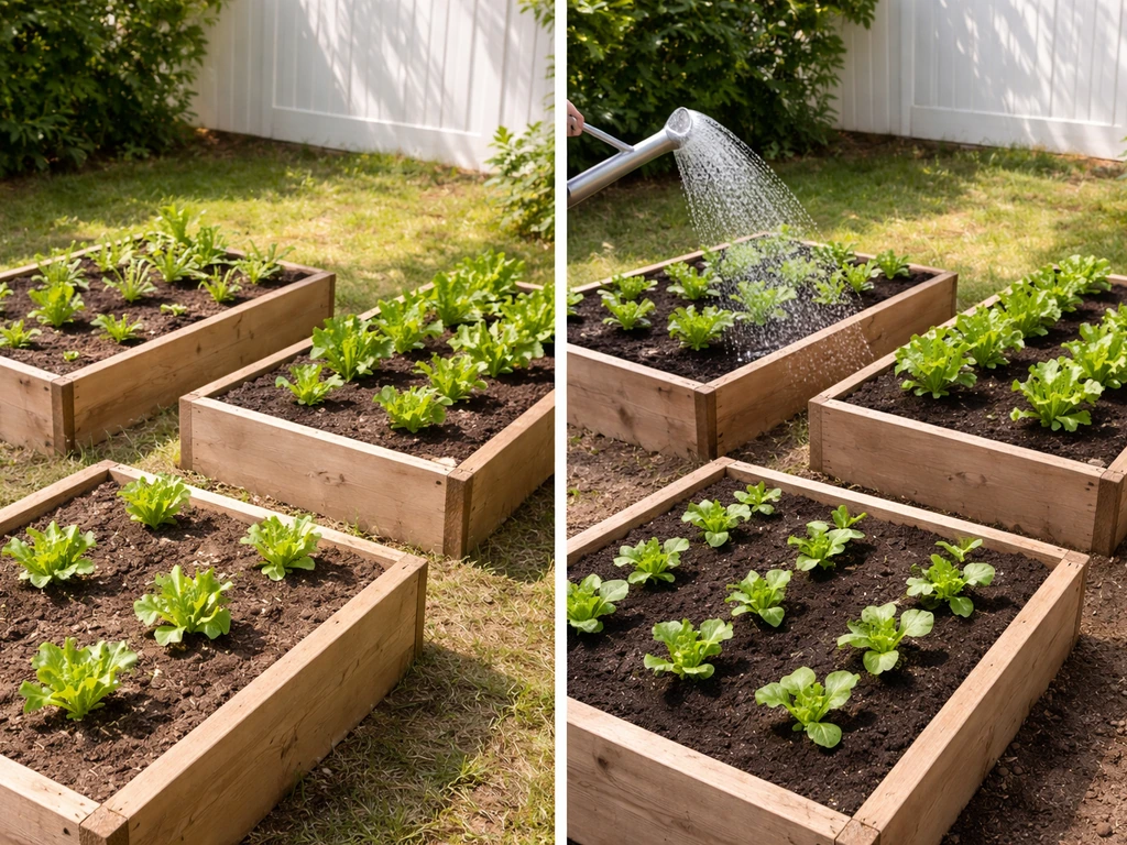 Three small raised garden beds showing matching light, watering, soil texture, and planting spacing cues.