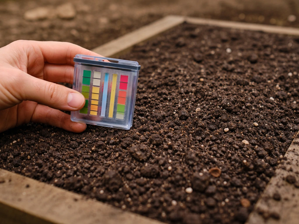 Hand holding a soil test kit beside a prepared bed mix for targeting the right pH range.