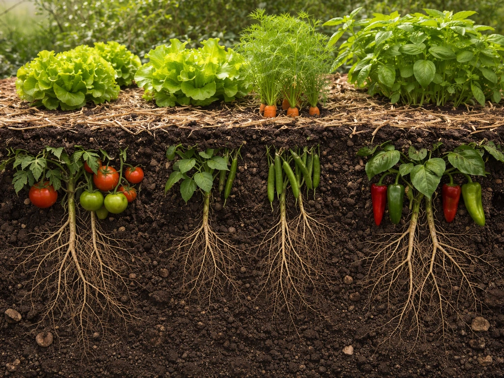 Photo of a garden bed cross-section showing deep-rooted tomatoes/peppers/beans and shallow lettuce/basil layers.