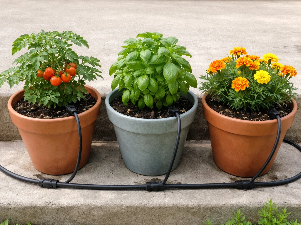 Three container plants—cherry tomato, basil, and marigold—with drip irrigation visible on a patio.