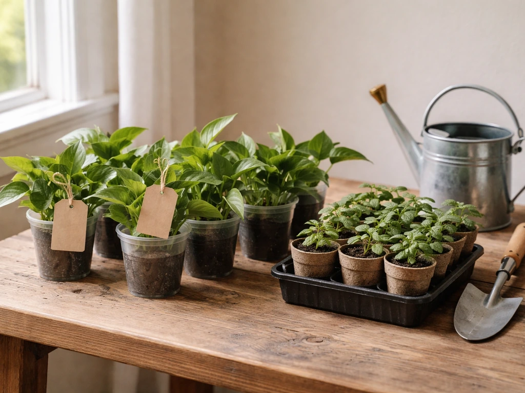 Small tabletop display of potted pothos and herb seedlings with watering tools, ready for home plant sales.