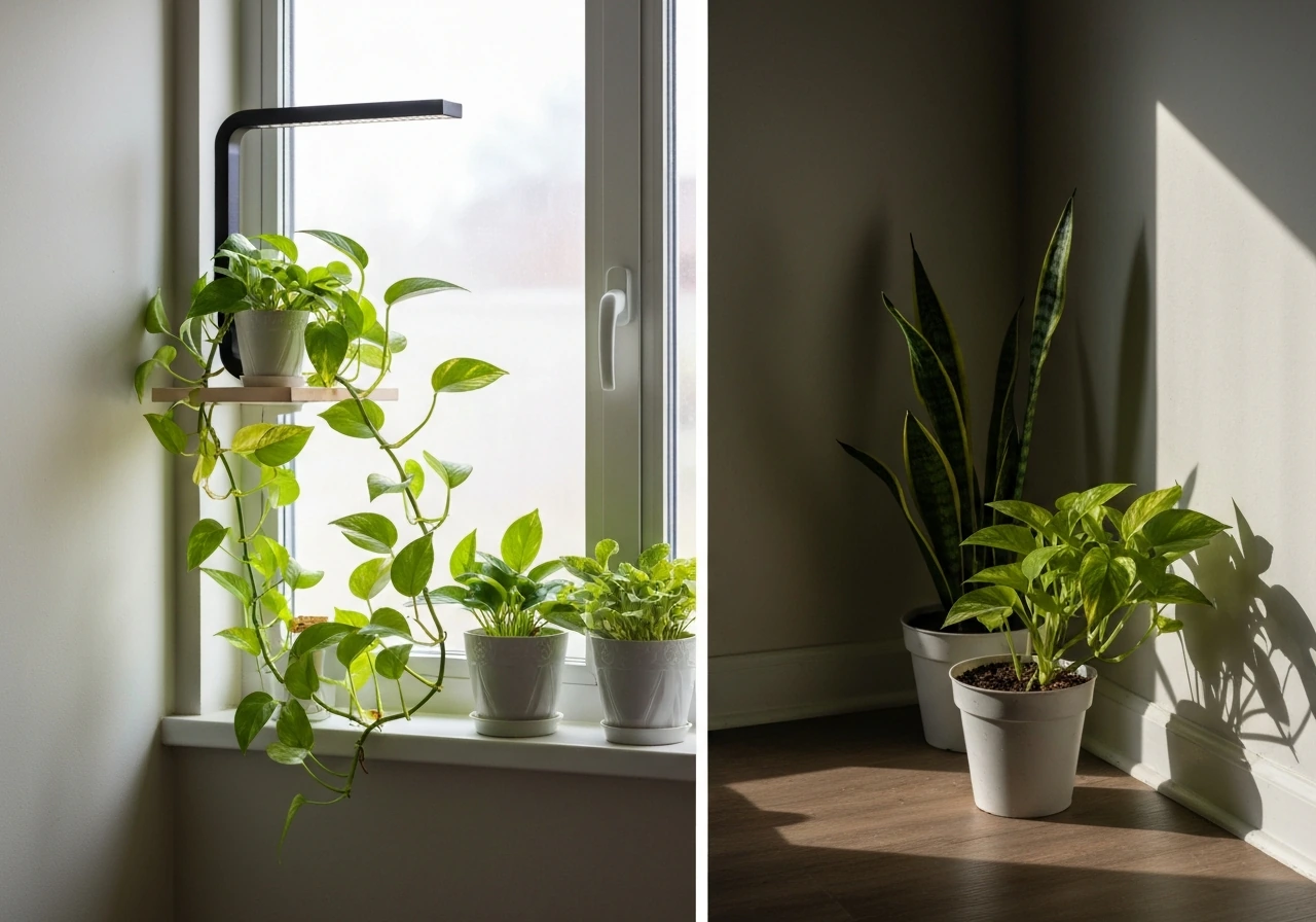 Side-by-side home corner: grow light setup by a bright window and a shaded area with low-light plants.