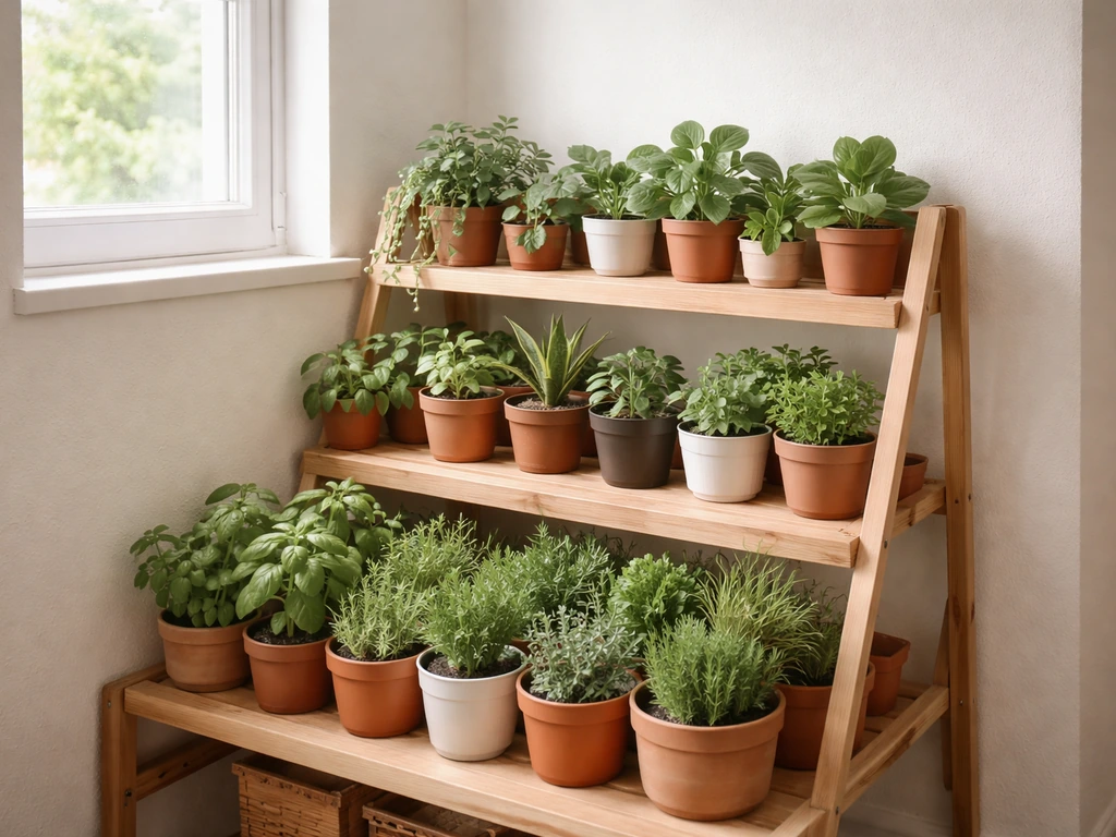 Compact apartment shelf filled with neatly arranged potted houseplants and small herb starts for sale.