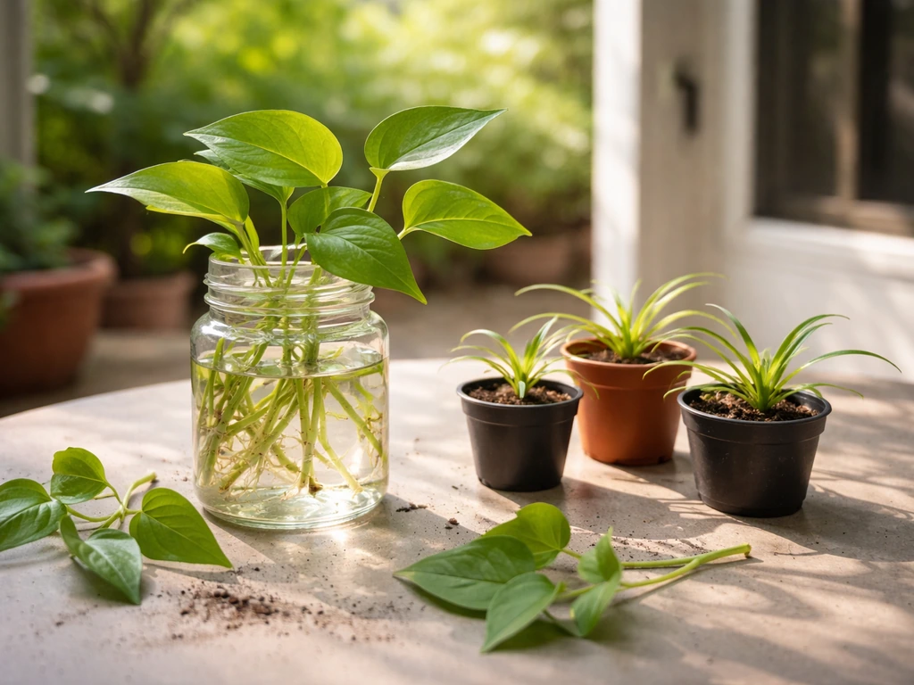 Tropical houseplant cuttings and spider plant babies on a sunny patio near an open window.