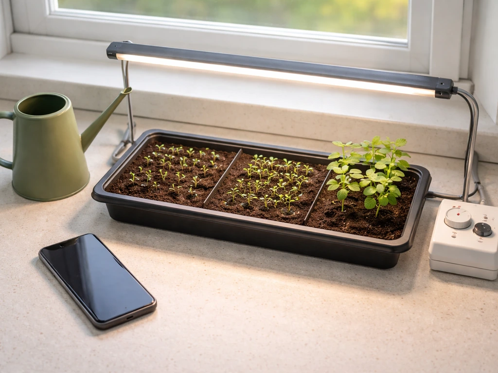 In-home grow workstation with grow light, timer, watering can, and anonymous seedlings arranged by light level.