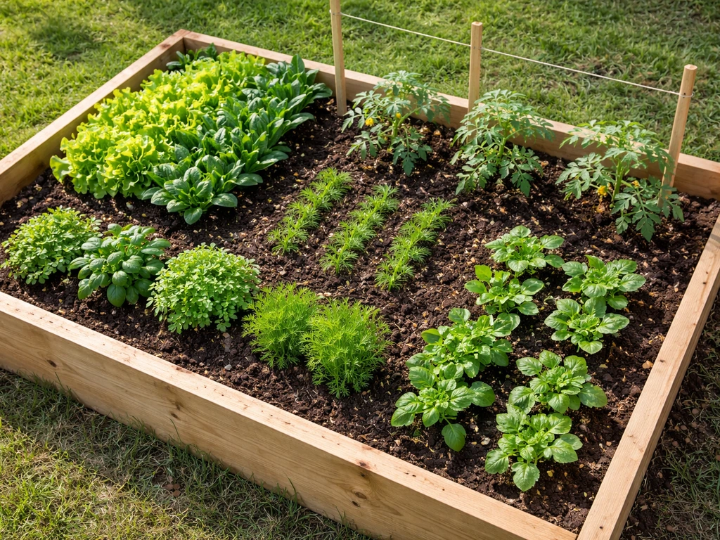 Overhead view of a wooden raised bed with neatly sectioned seasonal vegetables and greens.