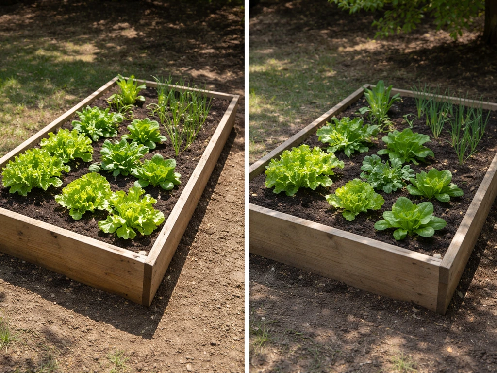 Two adjacent raised beds: one in full sun with bright greens, one partly shaded with softer light.