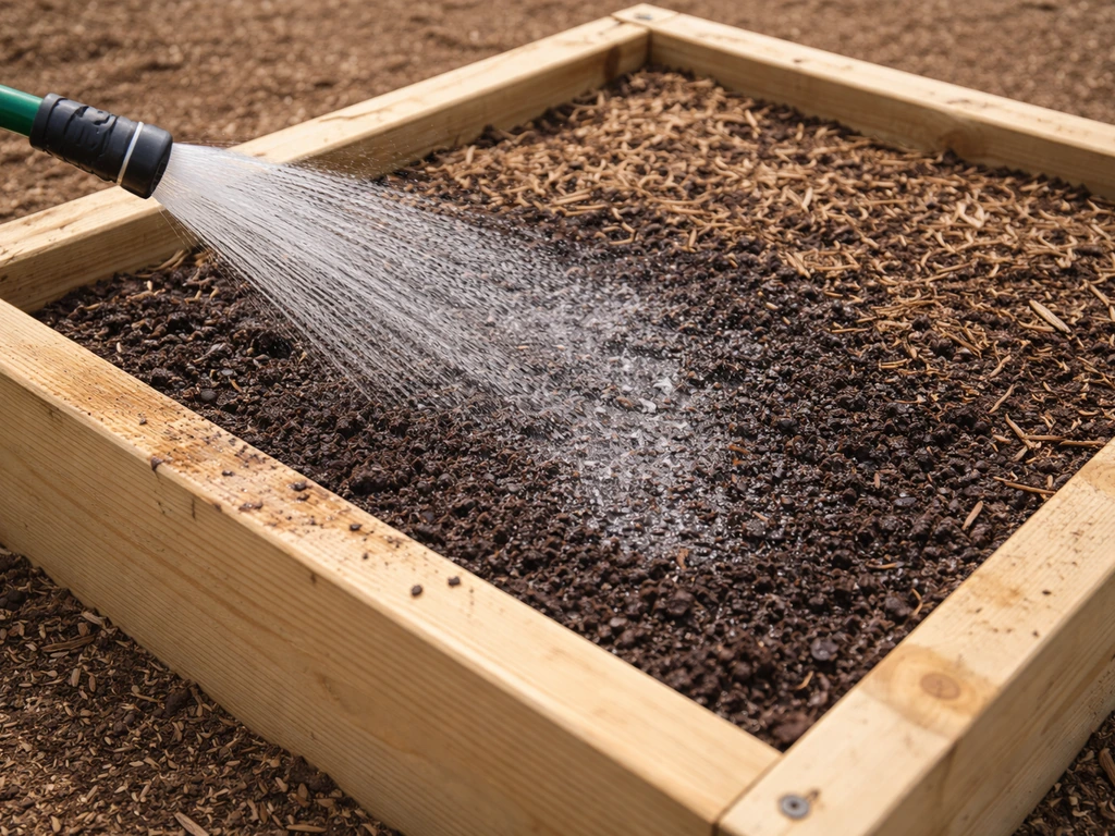 Hose watering a raised garden bed, showing dark moist soil under a drying mulch surface.