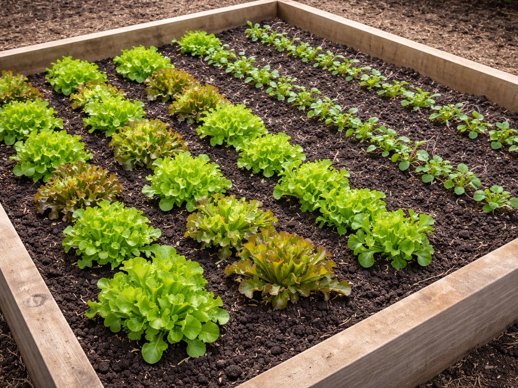 Raised bed with evenly spaced loose-leaf lettuce and radish seedlings in a simple, organized layout.