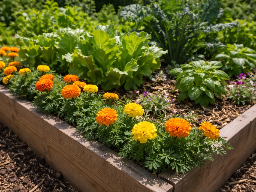 Marigolds blooming along a raised vegetable bed, with pollinator flowers integrated among leafy greens.