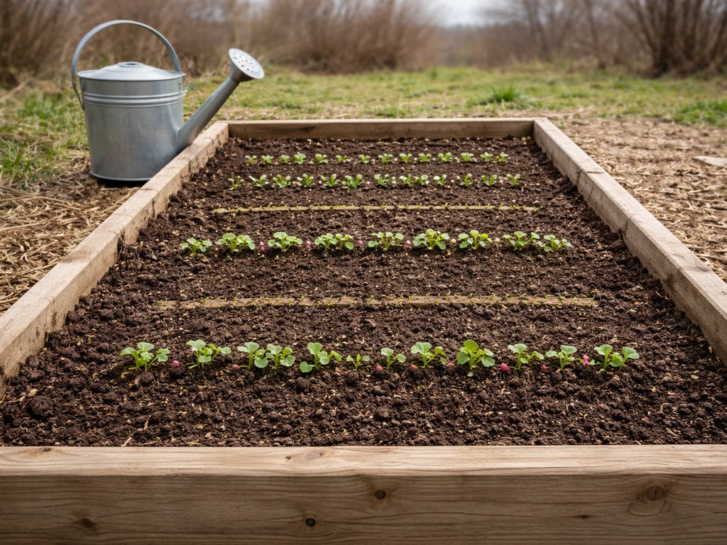 Raised bed garden with early cool-season seedlings—rows of lettuce, spinach, arugula, radishes—spring planting tableau