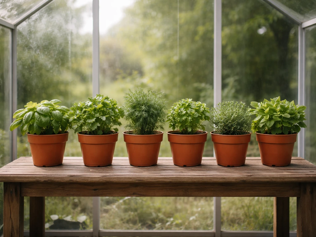 Greenhouse herb station with neatly arranged pots of basil, cilantro, dill, parsley, thyme and a mint pot.