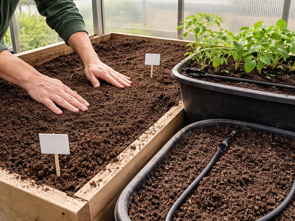 Hands adjusting potting mix in a greenhouse raised bed beside a large container with drip irrigation
