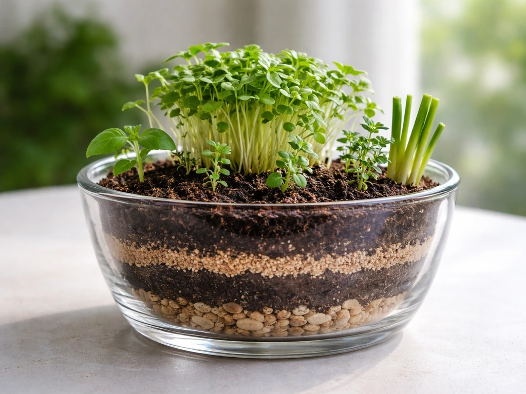 Clear glass bowl with microgreens and small herb seedlings growing in bright natural light.