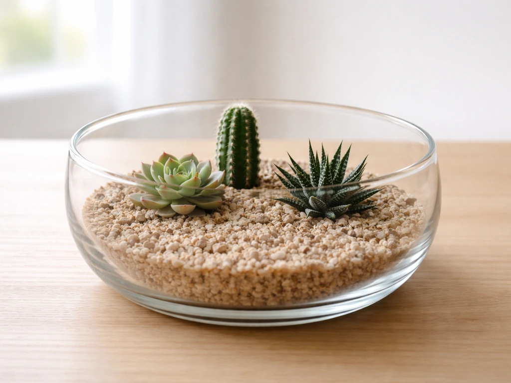 Open glass bowl with arranged succulents and a dry, airy substrate for airflow-friendly care.