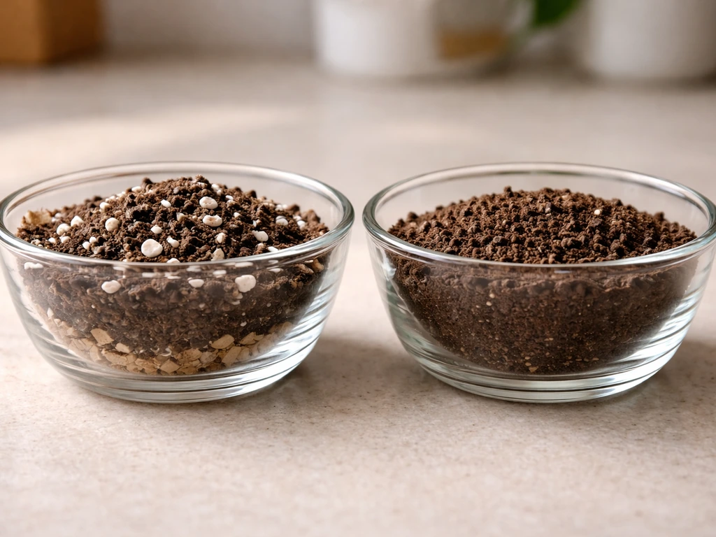 Close-up of a glass container with a light airy substrate mix and perlite, showing proper drainage setup.