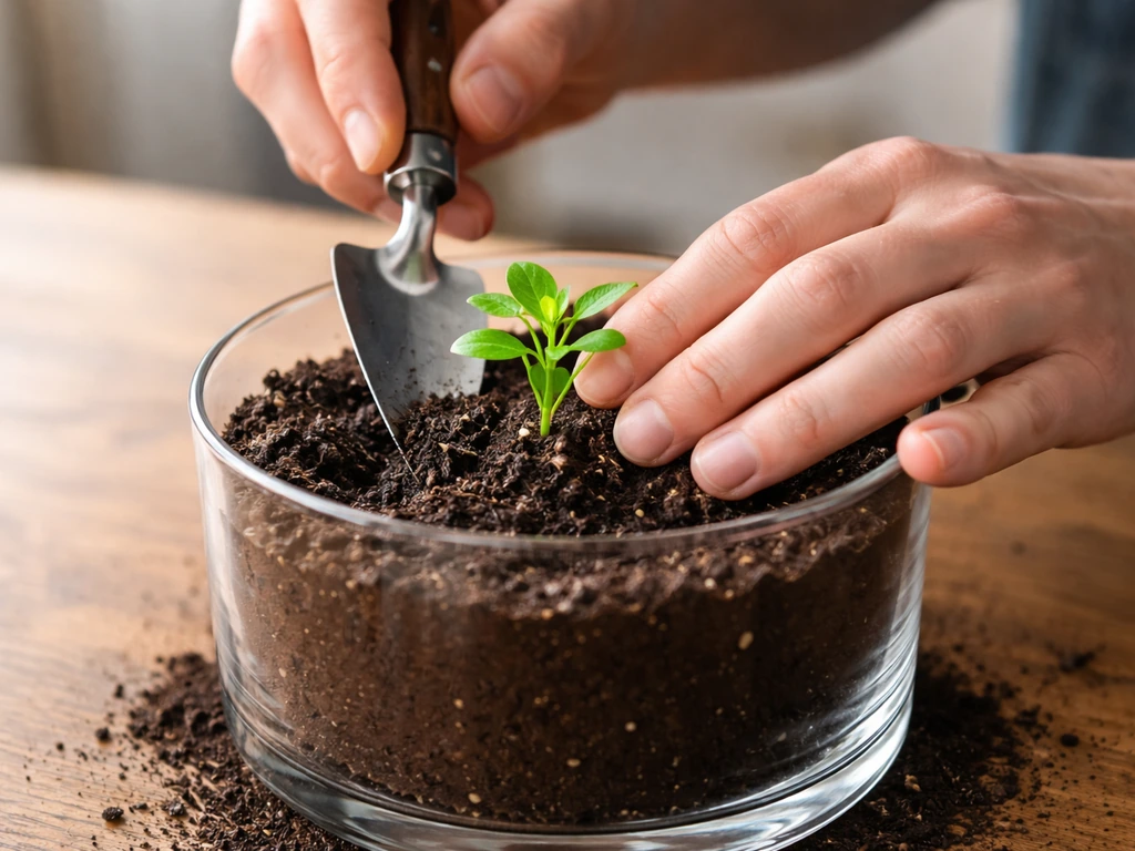 Small trowel planting a tiny plant into soil inside a clear glass container