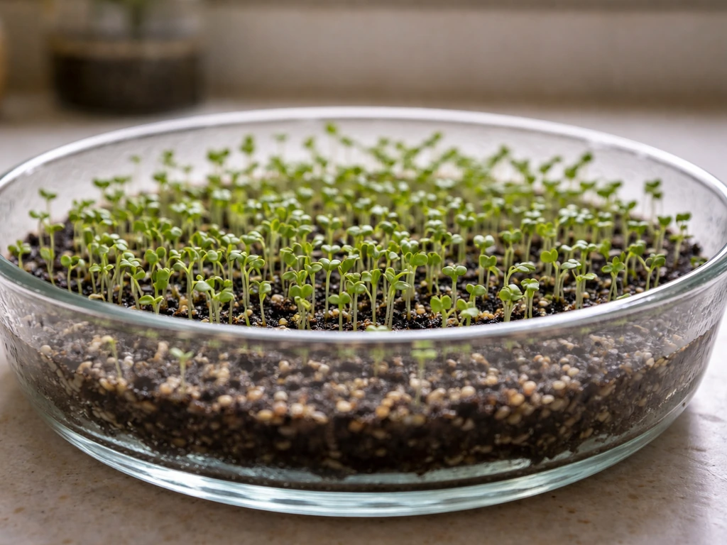 Microgreens densely sprouting in a wide shallow glass bowl on a simple kitchen counter.