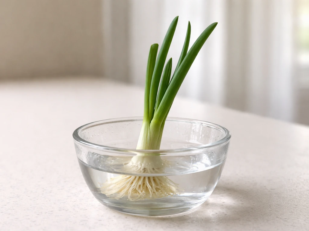 Green onion root base regrowing in a small glass bowl with water on a kitchen counter.