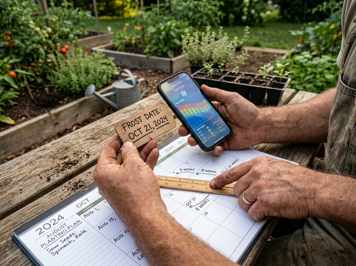 Gardener calculating an August planting schedule from the first fall frost date
