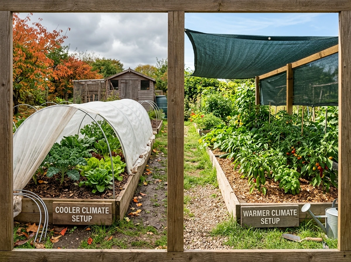 Cool vs warm climate August planting setups with protective shade and row cover