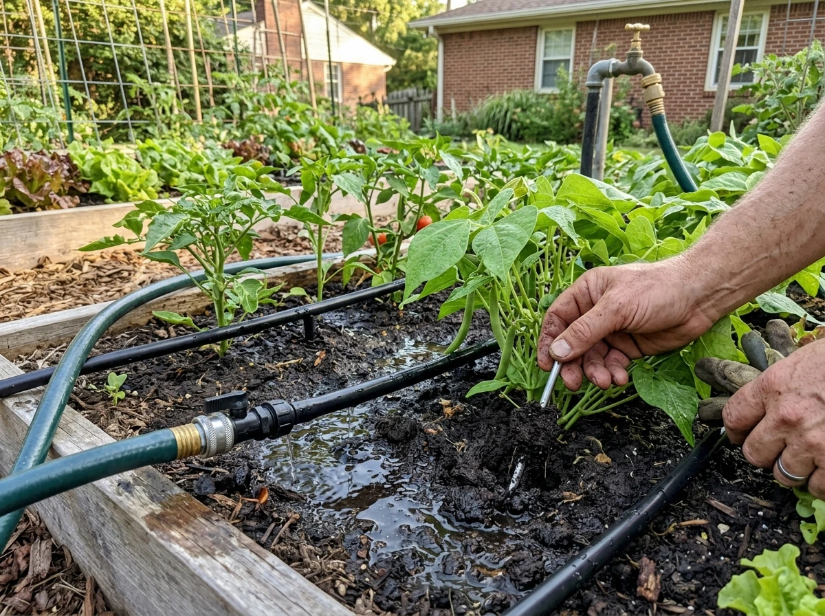 Soaker hose watering a vegetable bed to cool-season plant roots