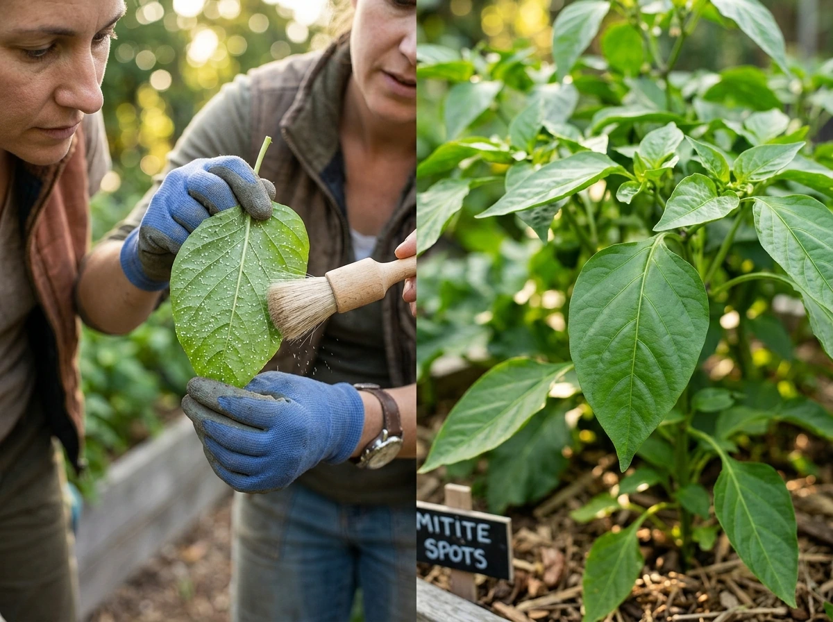 Checking leaves for late-season pests like whiteflies