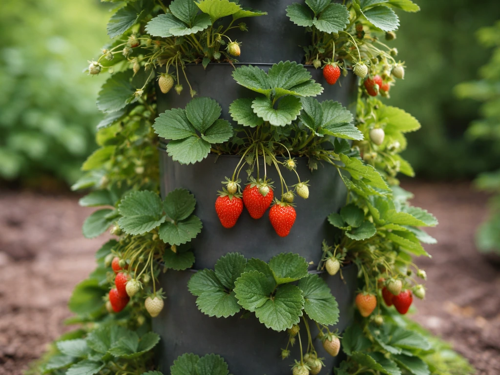 Vertical tower planter with trailing strawberry plants and hanging ripe strawberries in soft daylight.