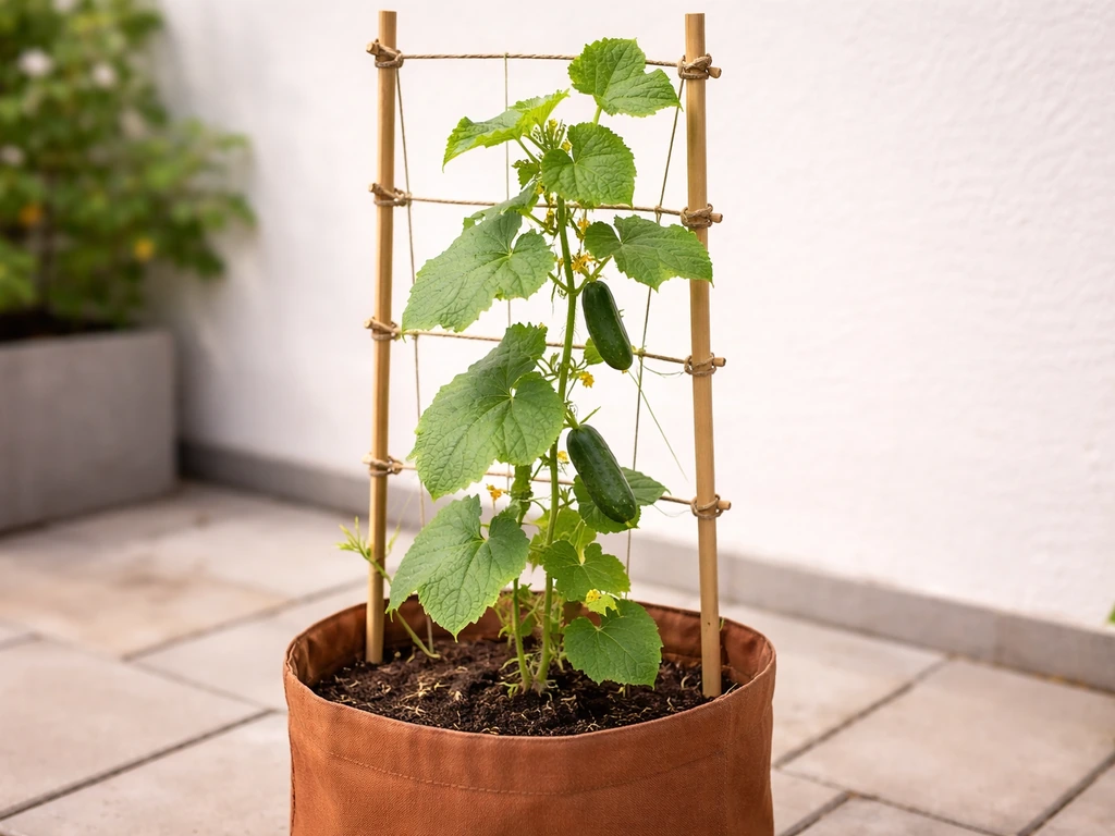 Side view of compact cucumber vines tied to a vertical trellis beside a planter in sunlight