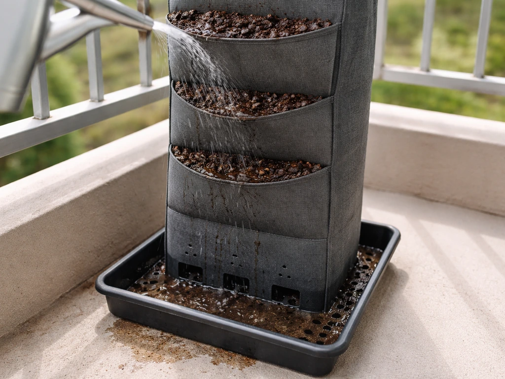Vertical garden pocket tower with drainage holes and catch tray collecting runoff during gentle watering