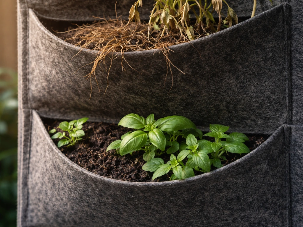 Pocket-style vertical garden with top-pocket roots visibly dried and wilted, lower pockets green and healthy.