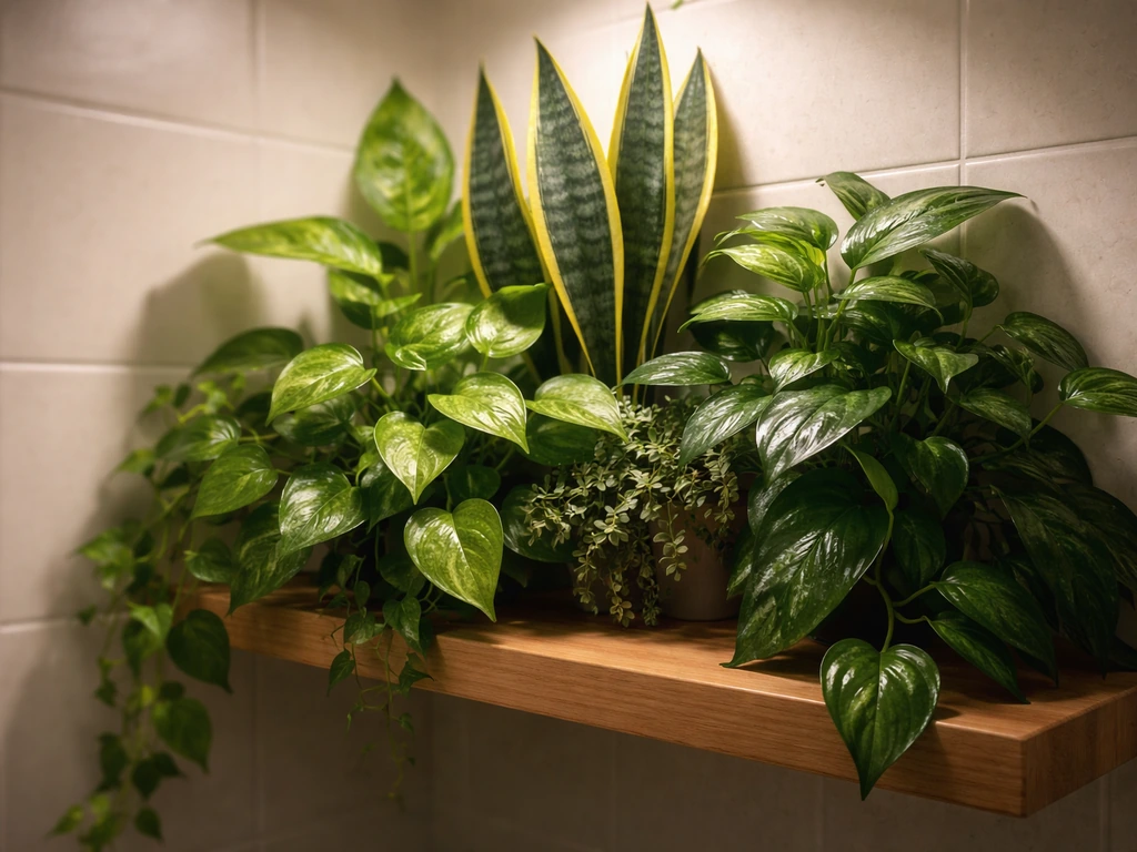 Lush low-light bathroom plants thriving on a shelf under soft artificial light in a windowless setting.
