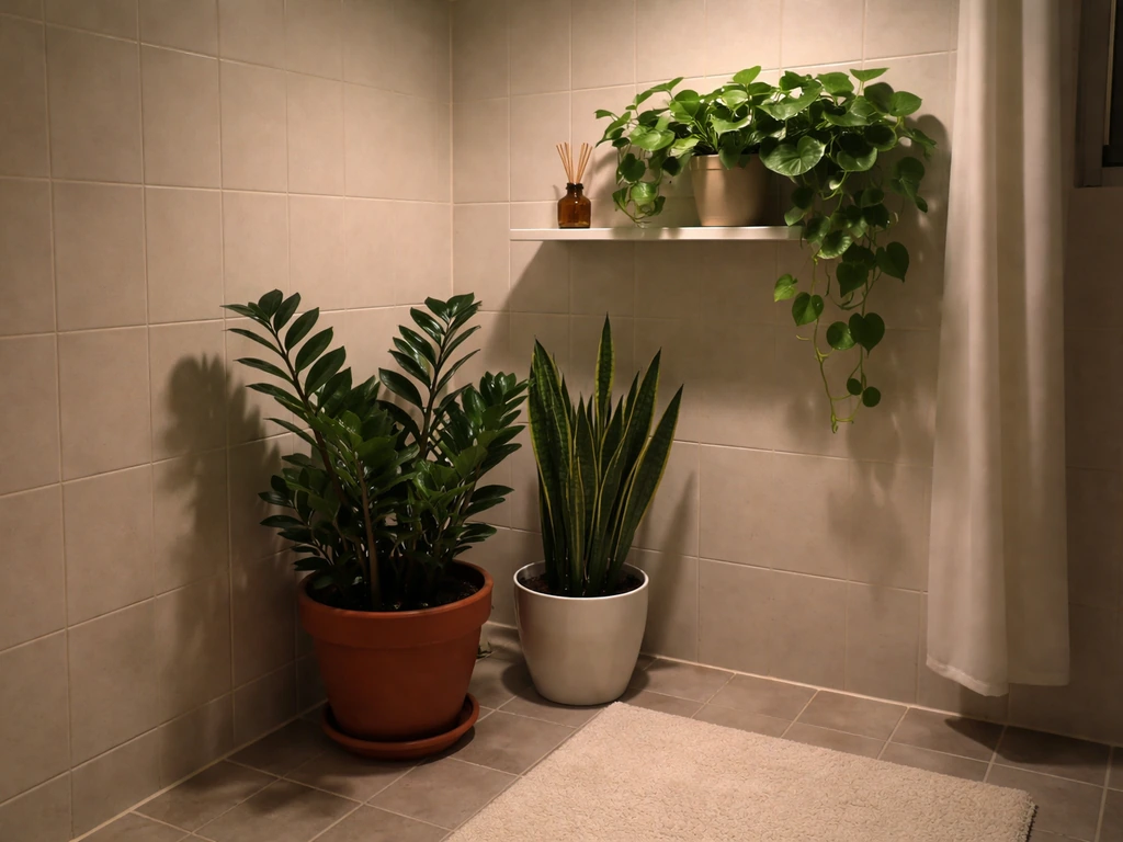 Dim bathroom corner with ZZ, snake plant, and pothos thriving in simple pots under warm low light.