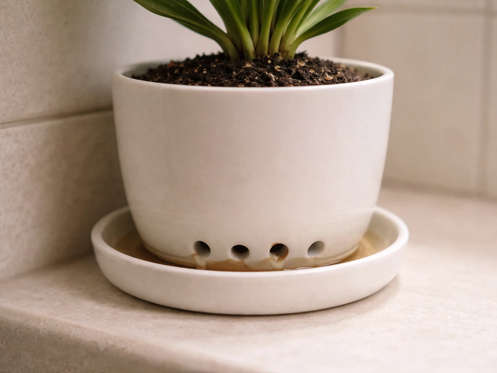 Close-up of a plant pot with drainage holes and a saucer underneath in a dim bathroom setting.