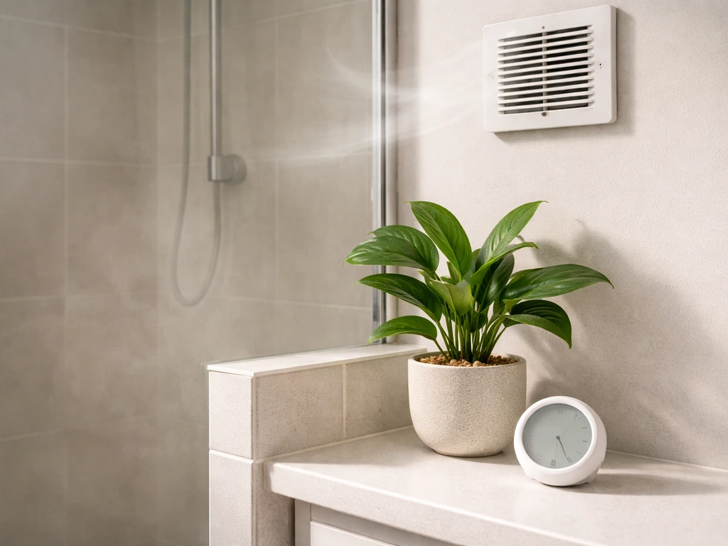 Humid bathroom scene with a hygrometer near a potted plant and a visible ventilation fan for airflow
